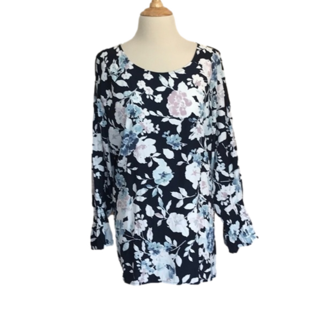 J. JILL Size XL Long Sleeve Cold Shoulder Polyester Floral‎ Blouse